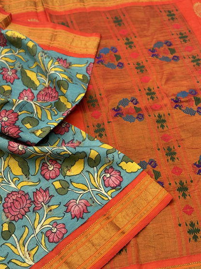 Complete HandDrawn And HandPainted Penkalamkari Maharani paithani  silk saree