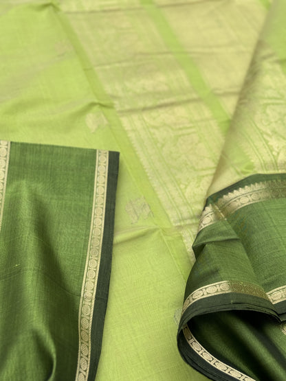 A gorgeous chartreuse green shade handwoven zari Kanchi silk cotton saree