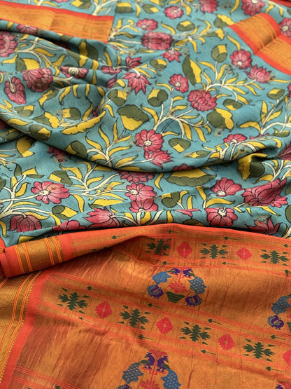 Complete HandDrawn And HandPainted Penkalamkari Maharani paithani  silk saree