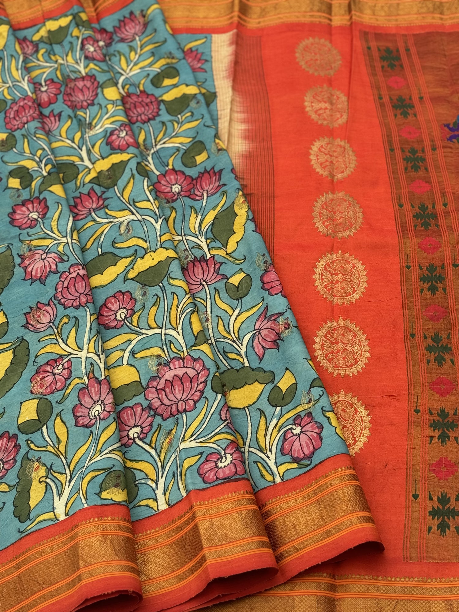 Complete HandDrawn And HandPainted Penkalamkari Maharani paithani  silk saree