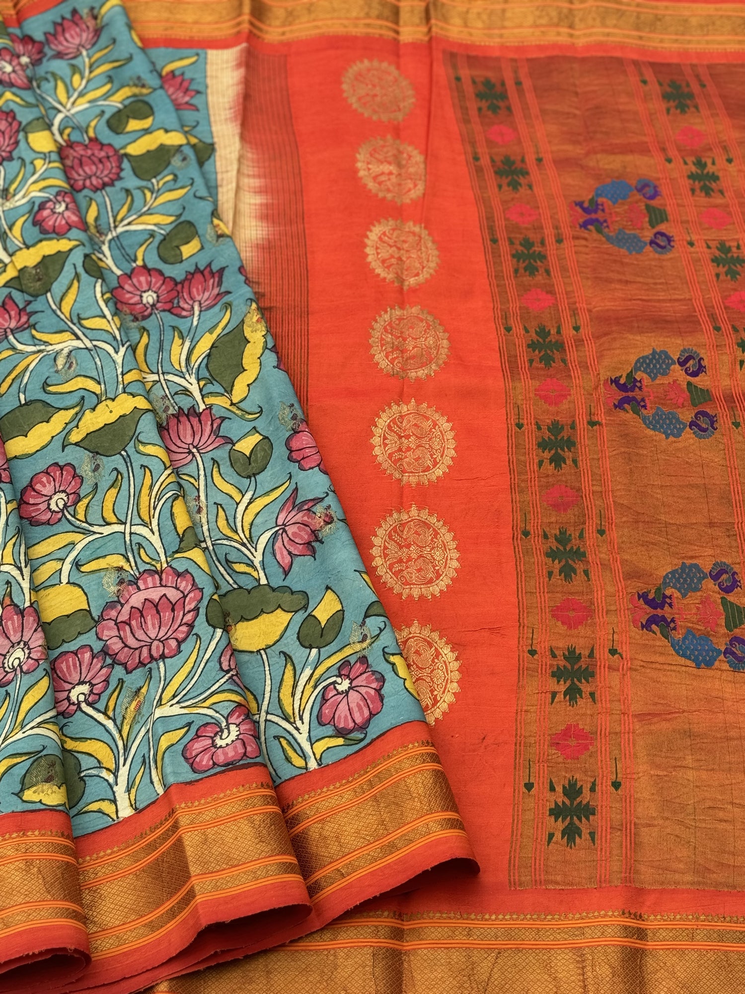 Complete HandDrawn And HandPainted Penkalamkari Maharani paithani  silk saree