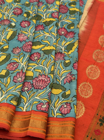 Complete HandDrawn And HandPainted Penkalamkari Maharani paithani  silk saree