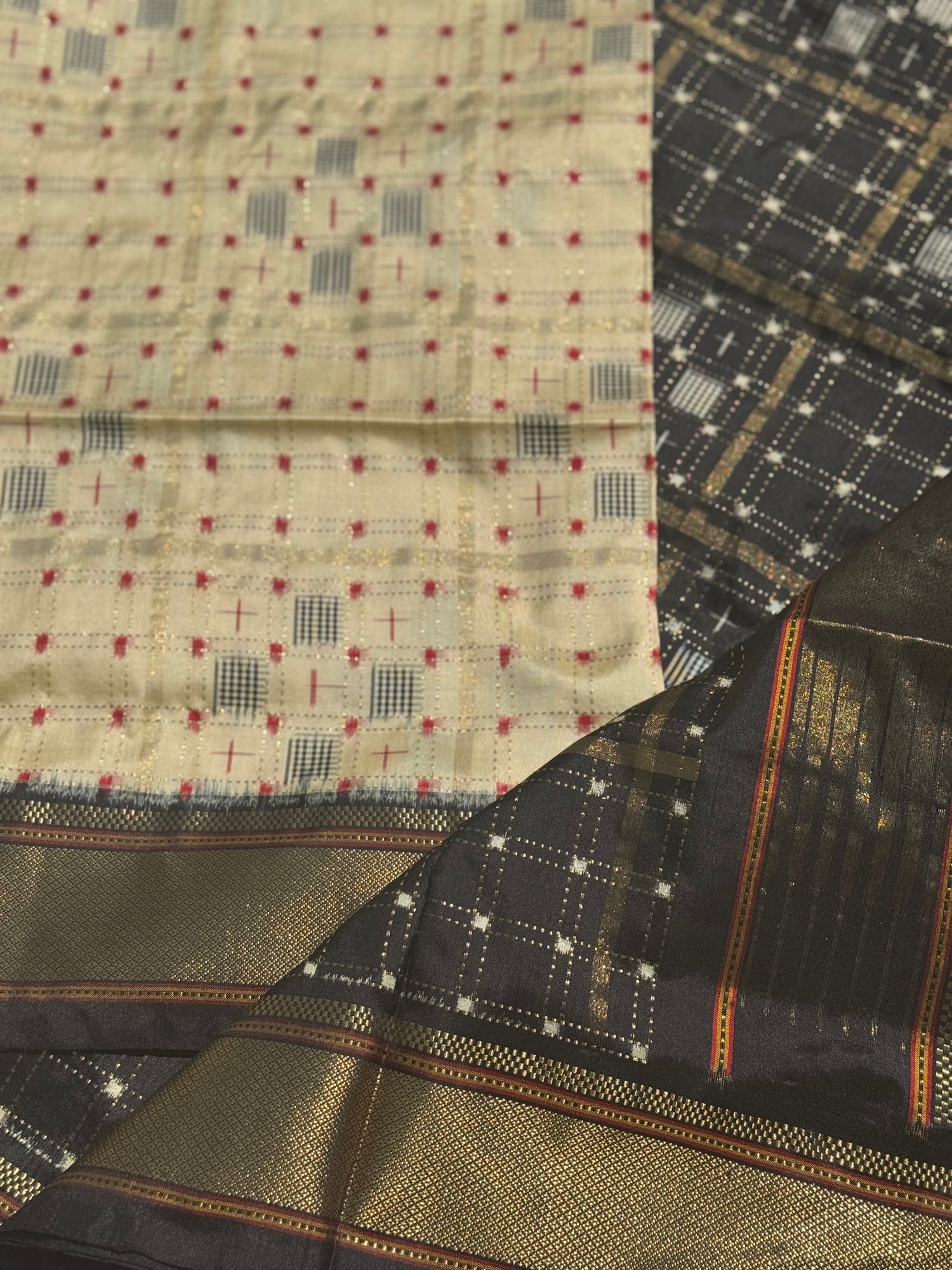 A masterpiece and mastercrafted piece weft single ikkat tie dyed handwoven saree in pure mulberry silk with traditional zari checkS