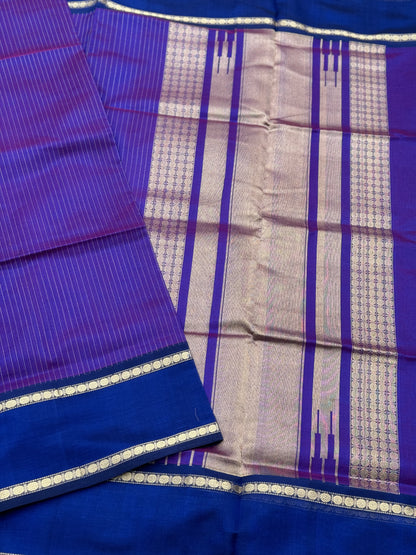 A gorgeous Purple blue shade handwoven zari muthuseer Kanchi silk cotton saree