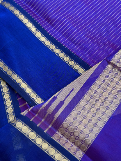 A gorgeous Purple blue shade handwoven zari muthuseer Kanchi silk cotton saree