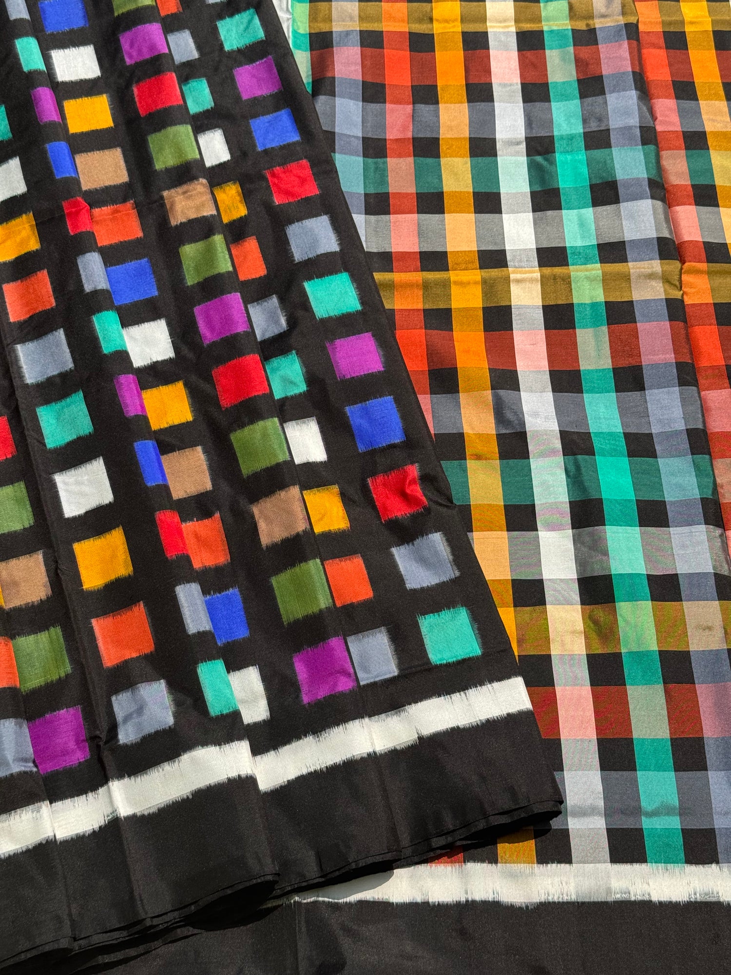 A contemporary take on solid block pattern multicolour double ikkat silk saree