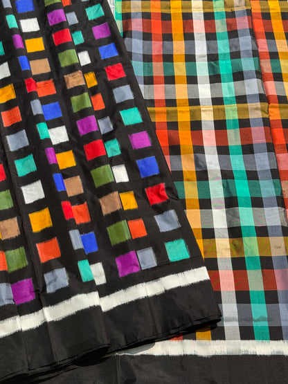 A contemporary take on solid block pattern multicolour double ikkat silk saree