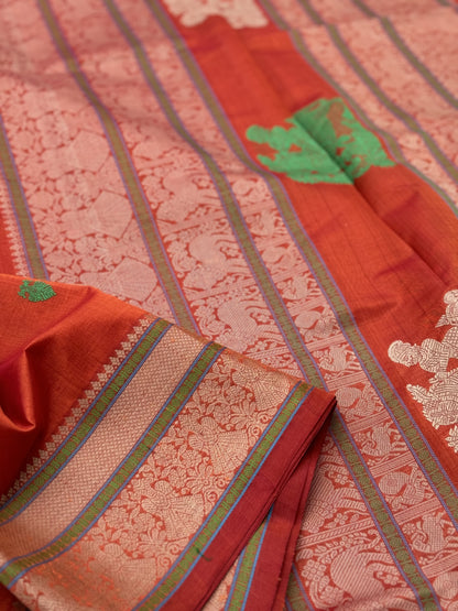 Gorgeous tangerine orange shade threadwork and zariwoven Kanchi silk Cotton Saree