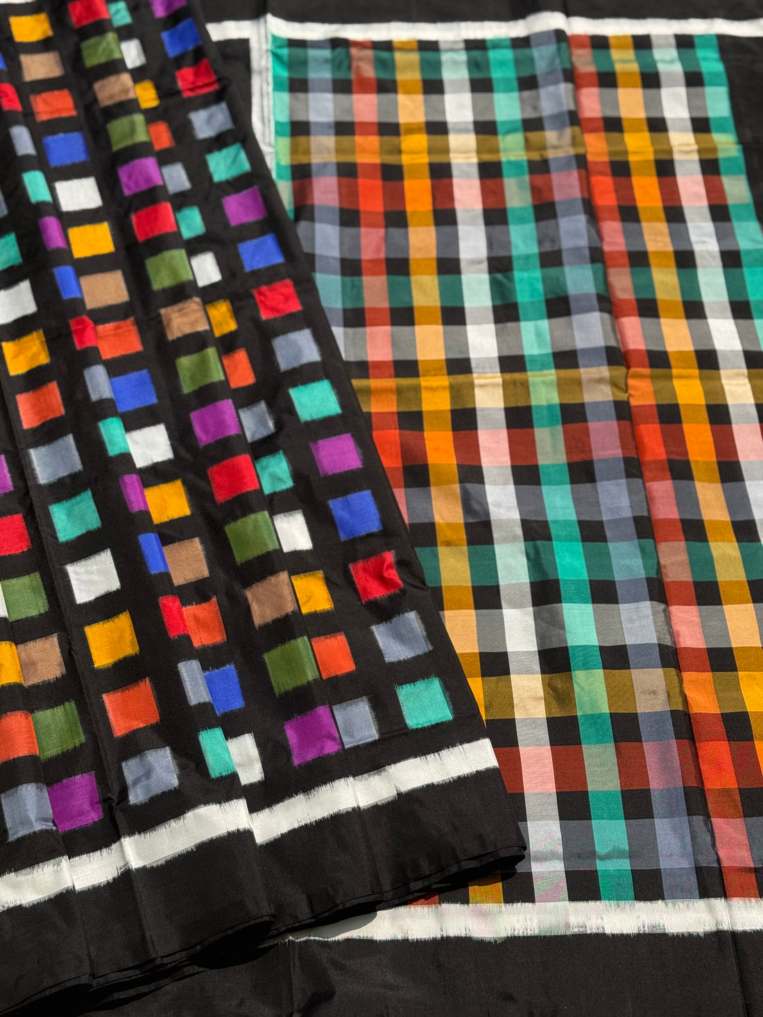 A contemporary take on solid block pattern multicolour double ikkat silk saree