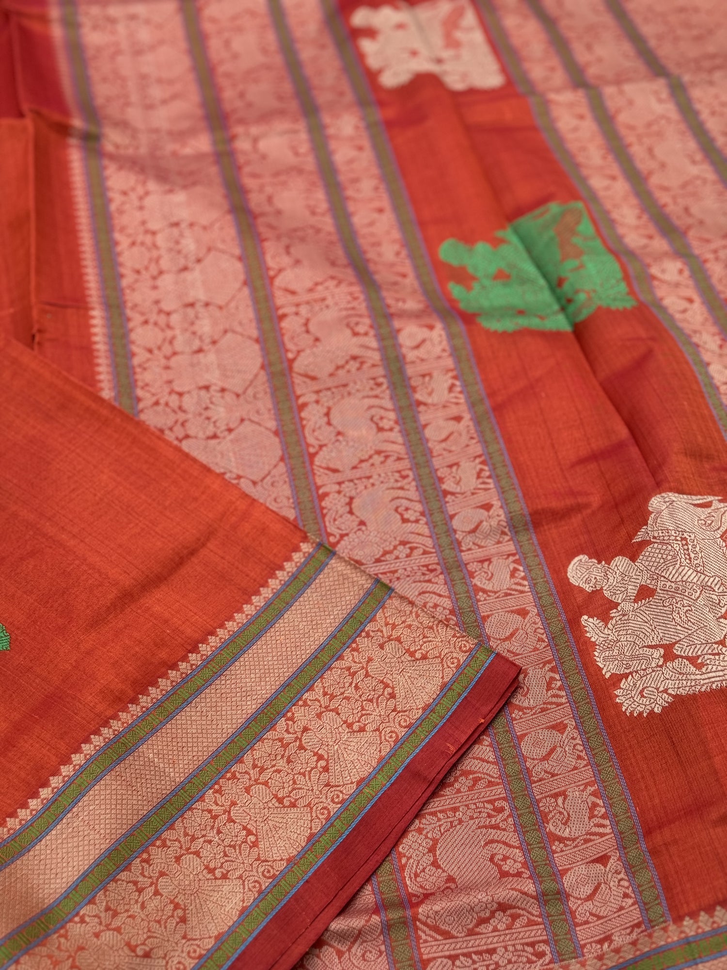 Gorgeous tangerine orange shade threadwork and zariwoven Kanchi silk Cotton Saree