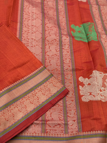 Gorgeous tangerine orange shade threadwork and zariwoven Kanchi silk Cotton Saree