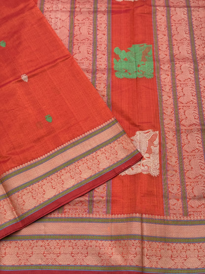 Gorgeous tangerine orange shade threadwork and zariwoven Kanchi silk Cotton Saree