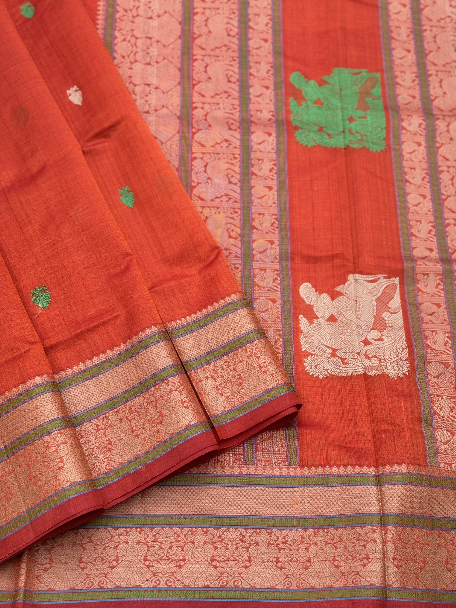 Gorgeous tangerine orange shade threadwork and zariwoven Kanchi silk Cotton Saree