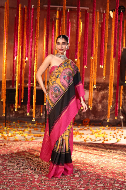 VRATHAPANI DOUBLE KORVAI Pen Kalamkari Kanchivaram Silk
