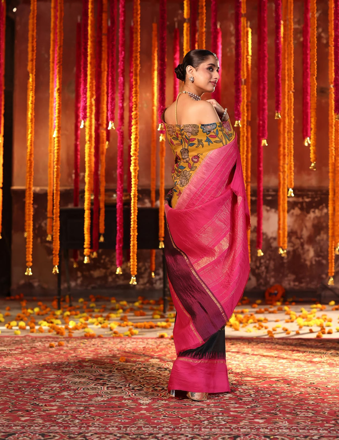 VRATHAPANI DOUBLE KORVAI Pen Kalamkari Kanchivaram Silk