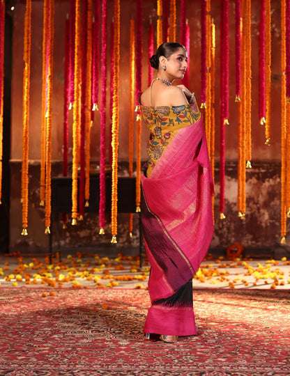 VRATHAPANI DOUBLE KORVAI Pen Kalamkari Kanchivaram Silk