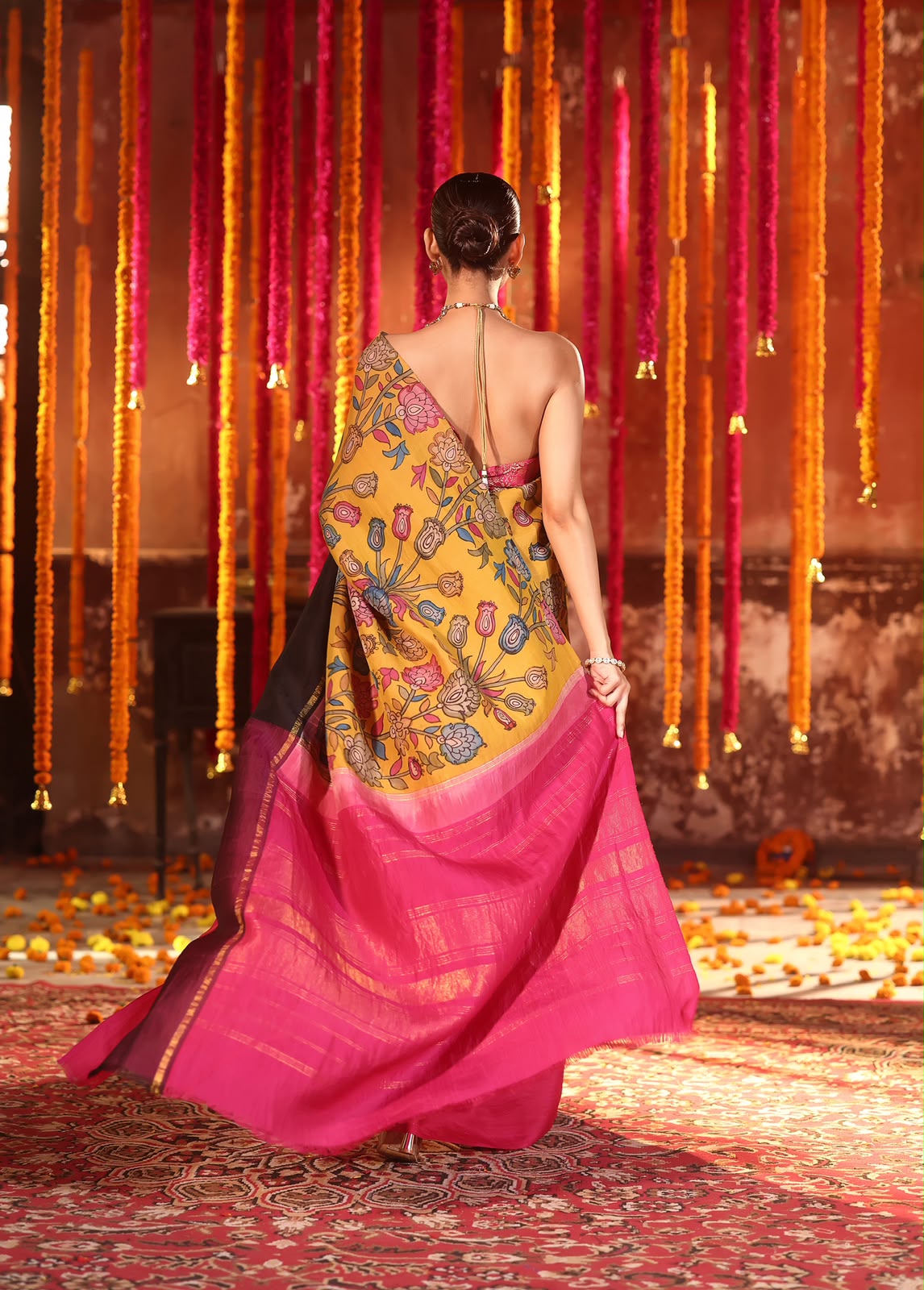 VRATHAPANI DOUBLE KORVAI Pen Kalamkari Kanchivaram Silk