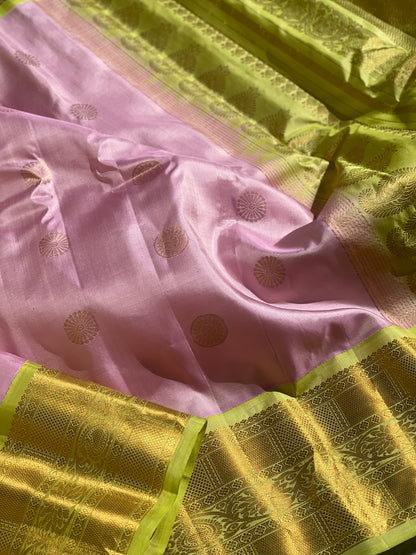 Gorgeous Molten Mauve Pink With Fern Green Kuttu Gadwal Silk Saree