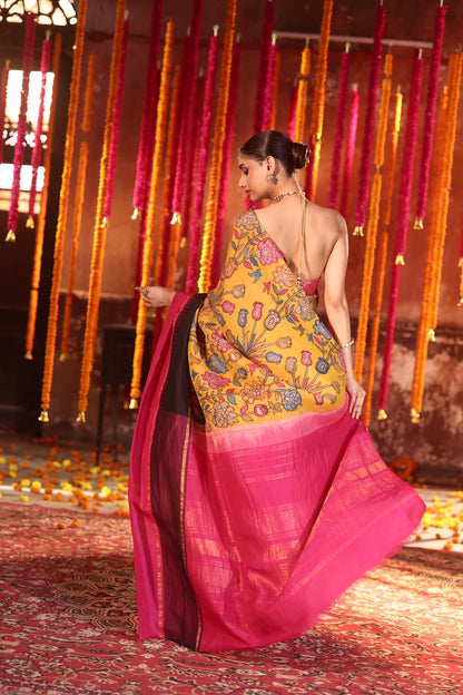 VRATHAPANI DOUBLE KORVAI Pen Kalamkari Kanchivaram Silk