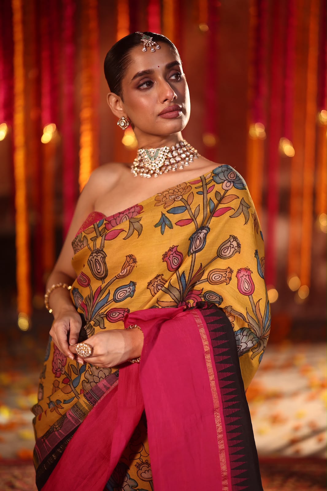 VRATHAPANI DOUBLE KORVAI Pen Kalamkari Kanchivaram Silk