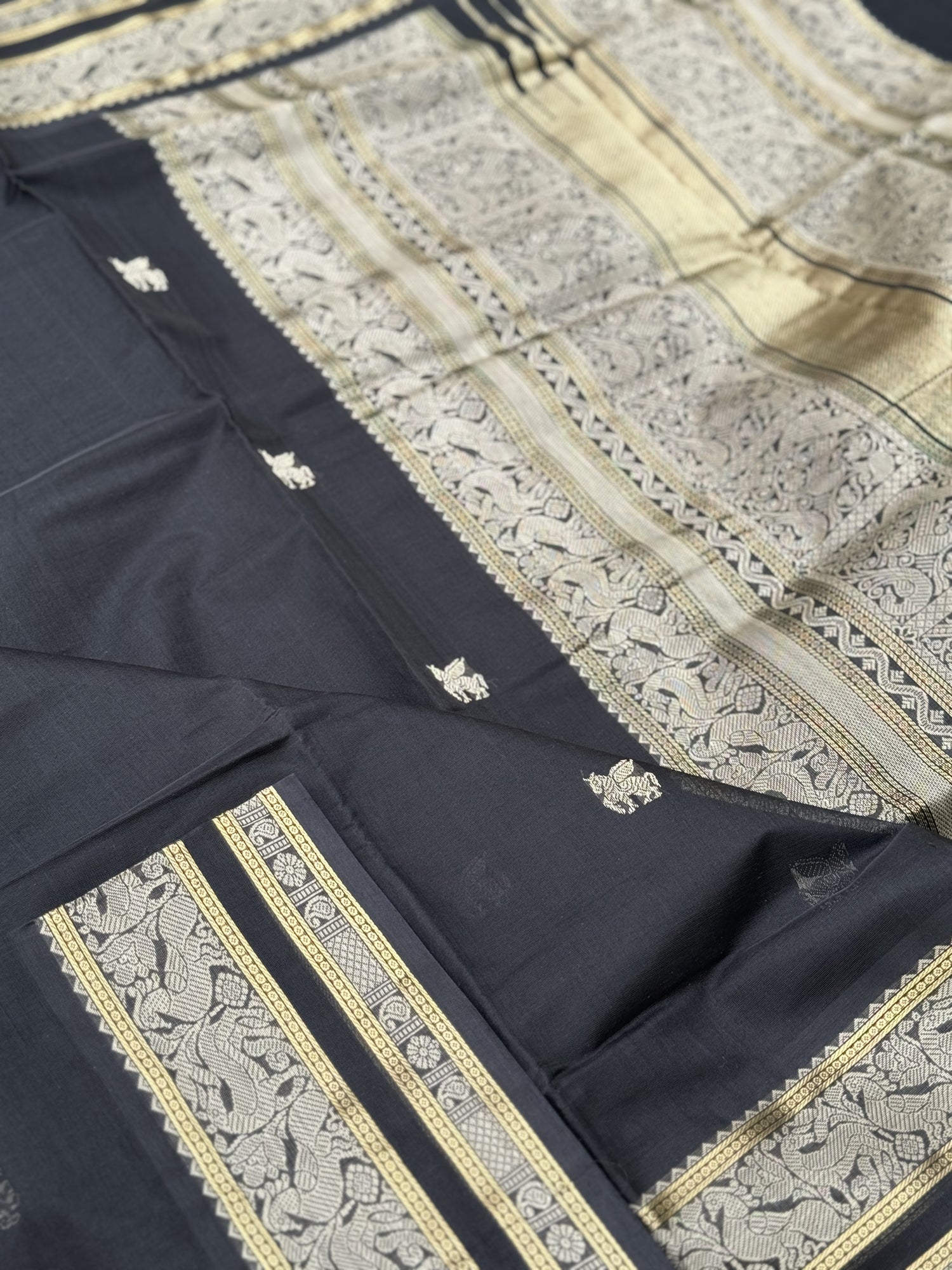 Gorgeous jet black zari woven Kanchi silk Cotton Saree