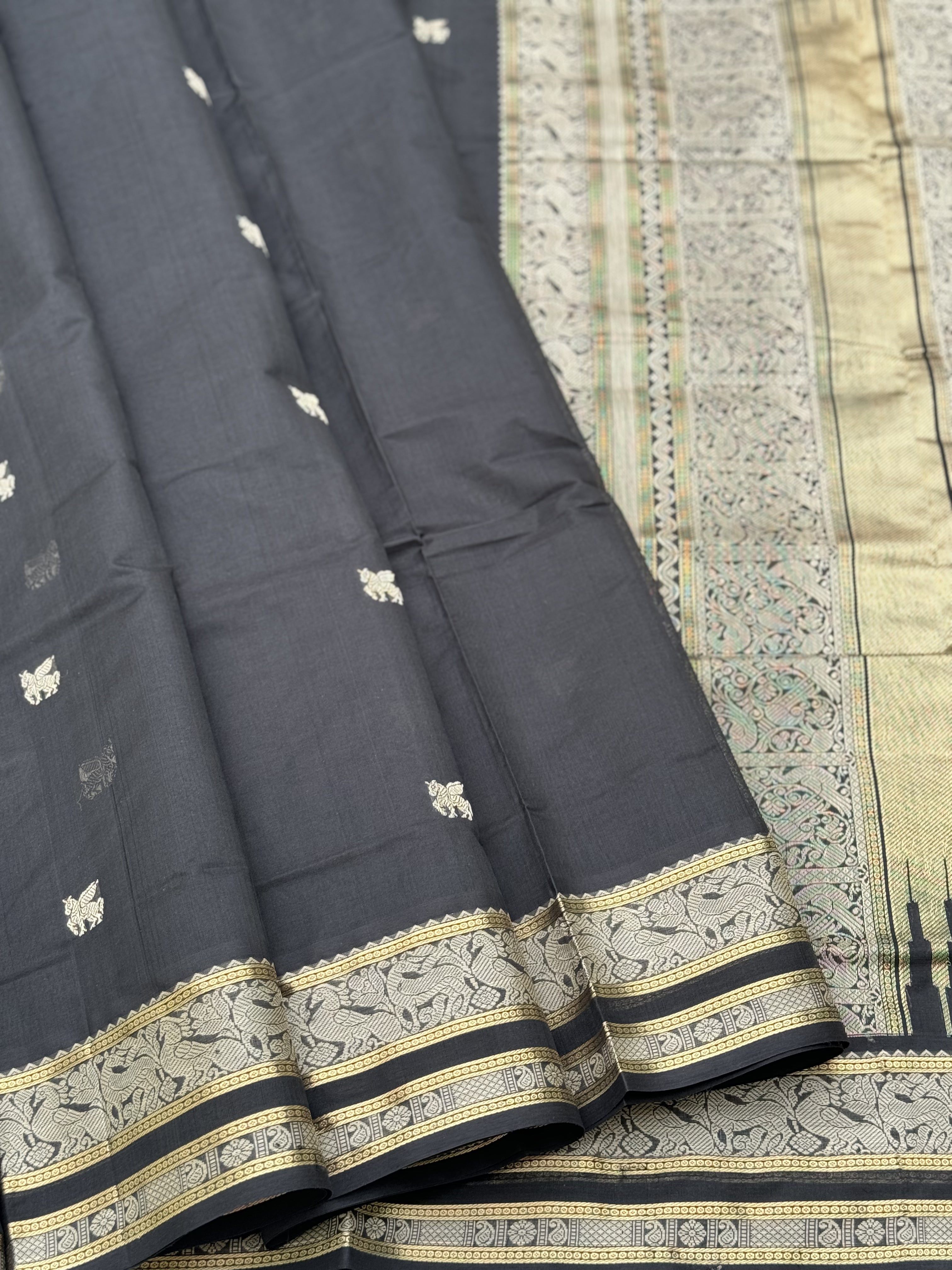 Gorgeous jet black zari woven Kanchi silk Cotton Saree