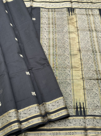 Gorgeous jet black zari woven Kanchi silk Cotton Saree