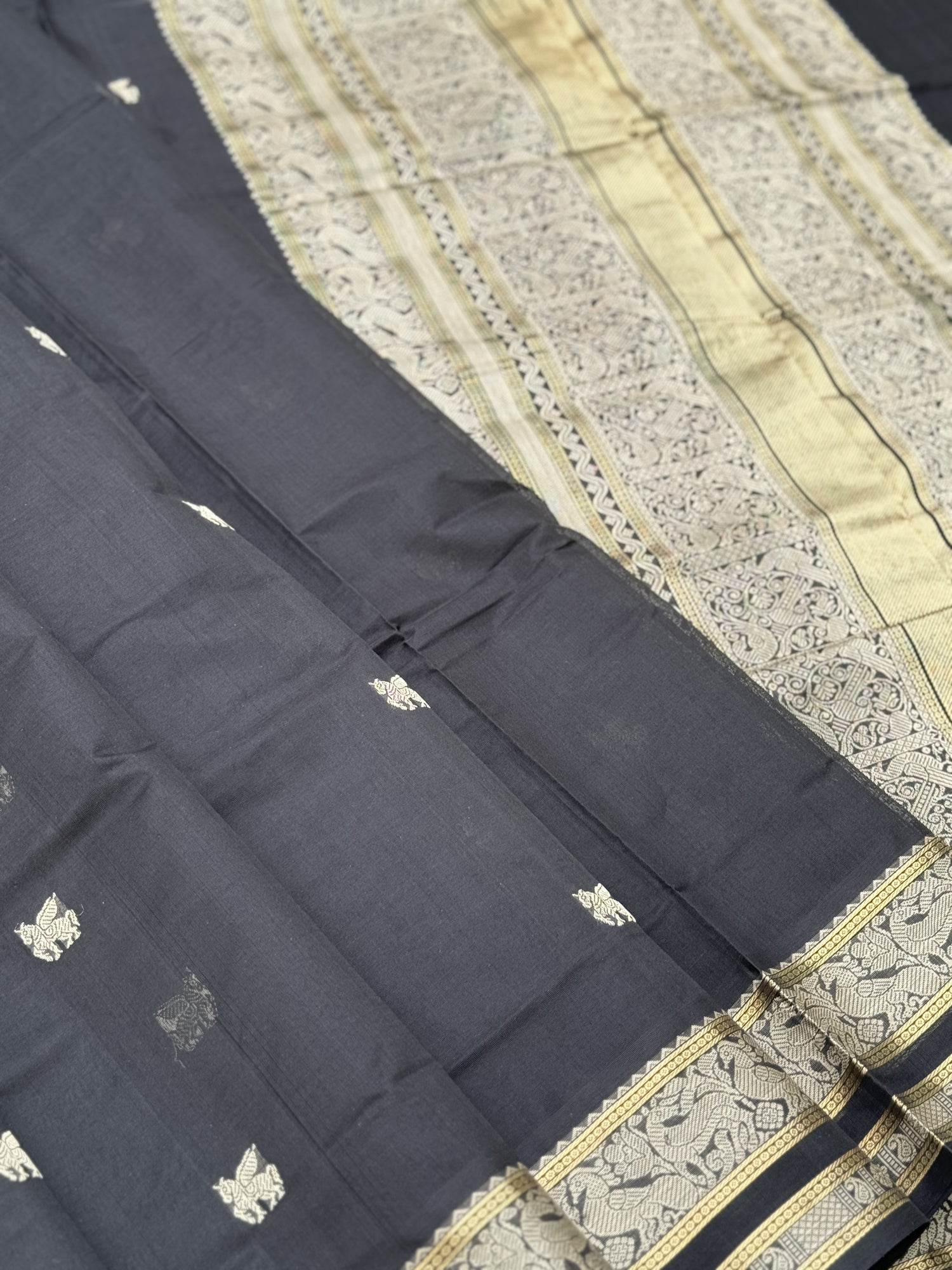 Gorgeous jet black zari woven Kanchi silk Cotton Saree