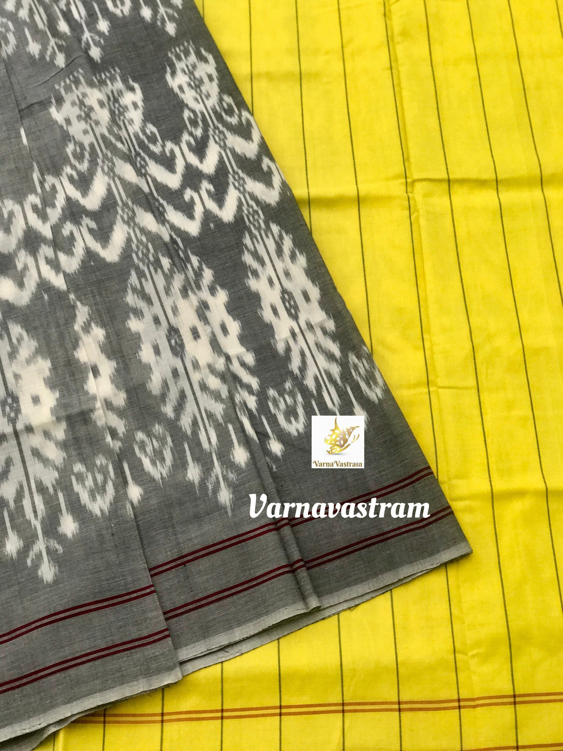 Uzbek Cotton Ikkat Saree In Grey And Yellow