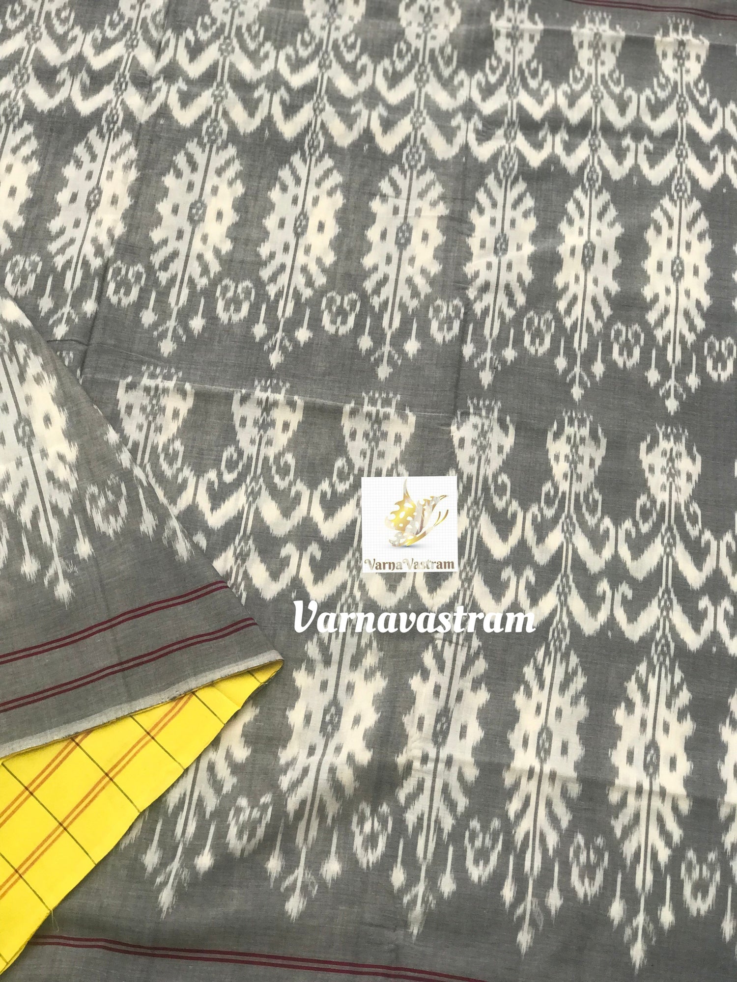 Uzbek Cotton Ikkat Saree In Grey And Yellow