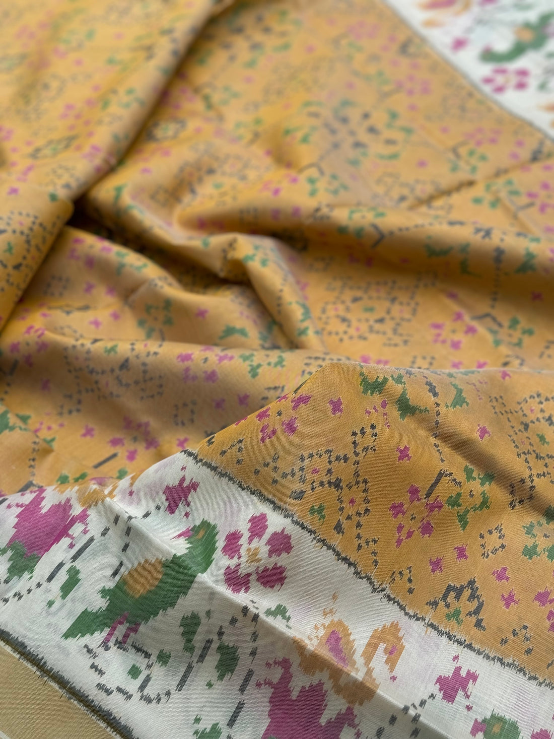 muted gold with ivory Patola single ikkat silk saree