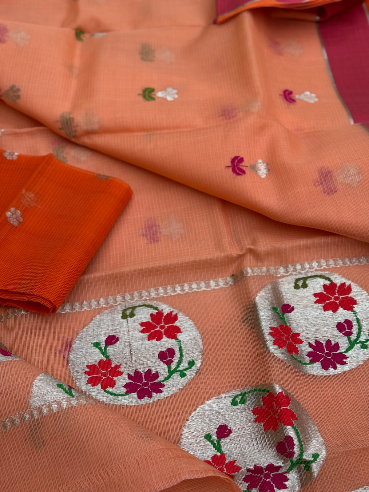 Handwoven Pastel orange with red zari Kota silk by cotton saree
