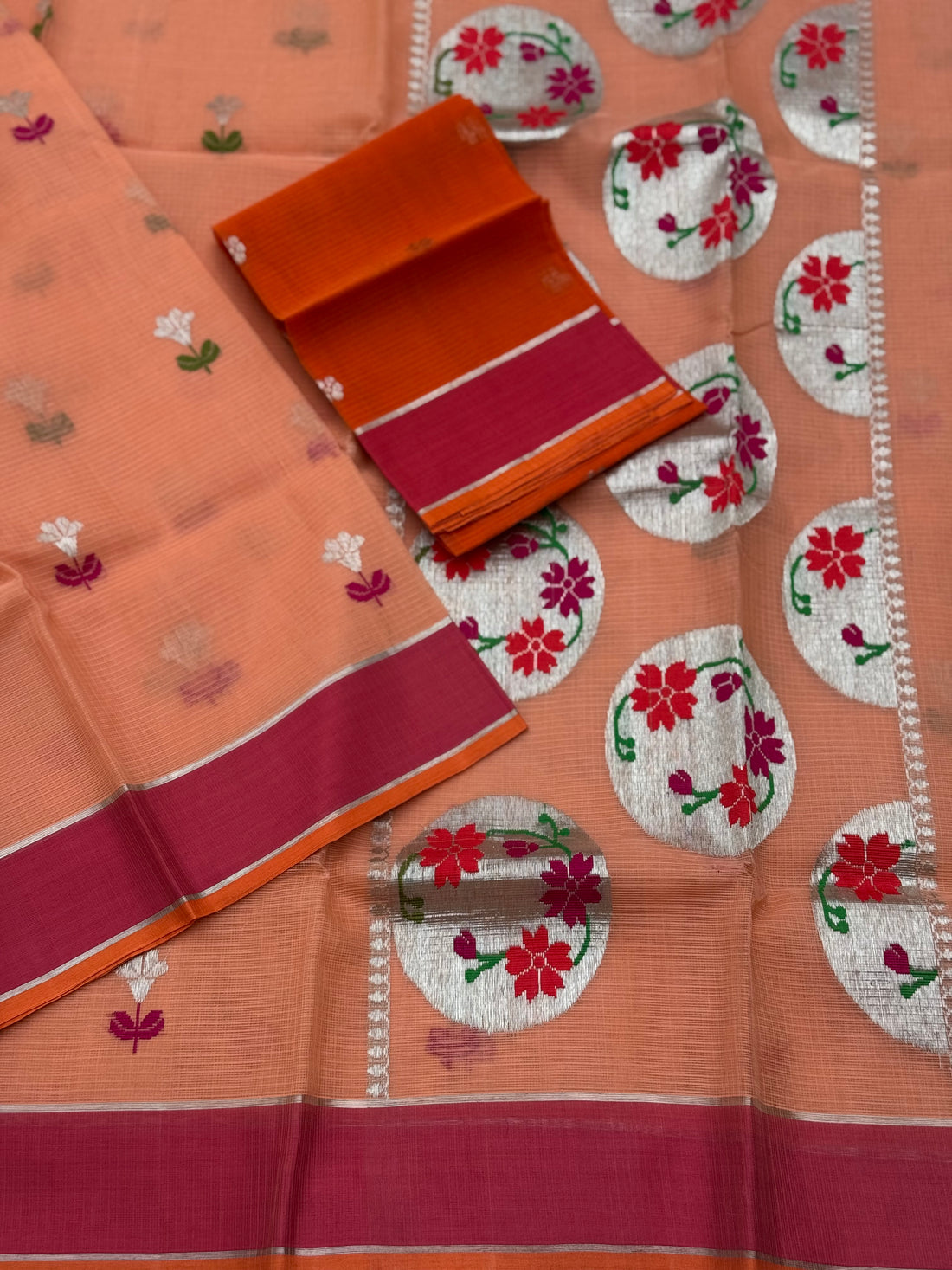 Handwoven Pastel orange with red zari Kota silk by cotton saree