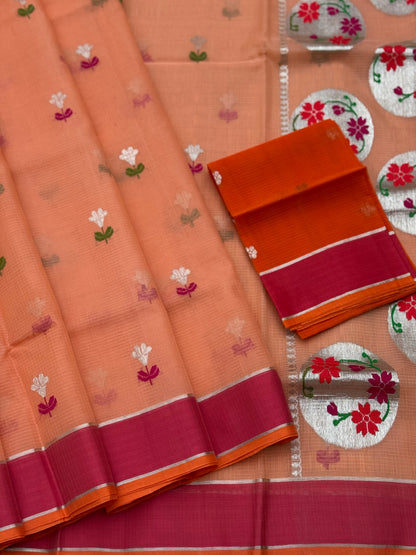 Handwoven Pastel orange with red zari Kota silk by cotton saree