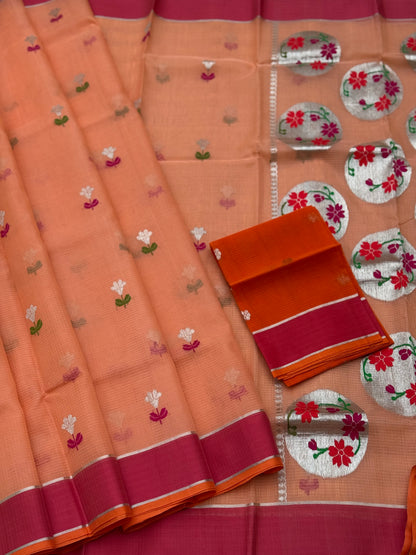 Handwoven Pastel orange with red zari Kota silk by cotton saree