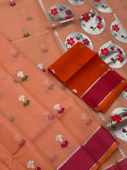 Handwoven Pastel orange with red zari Kota silk by cotton saree