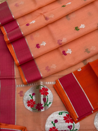 Handwoven Pastel orange with red zari Kota silk by cotton saree