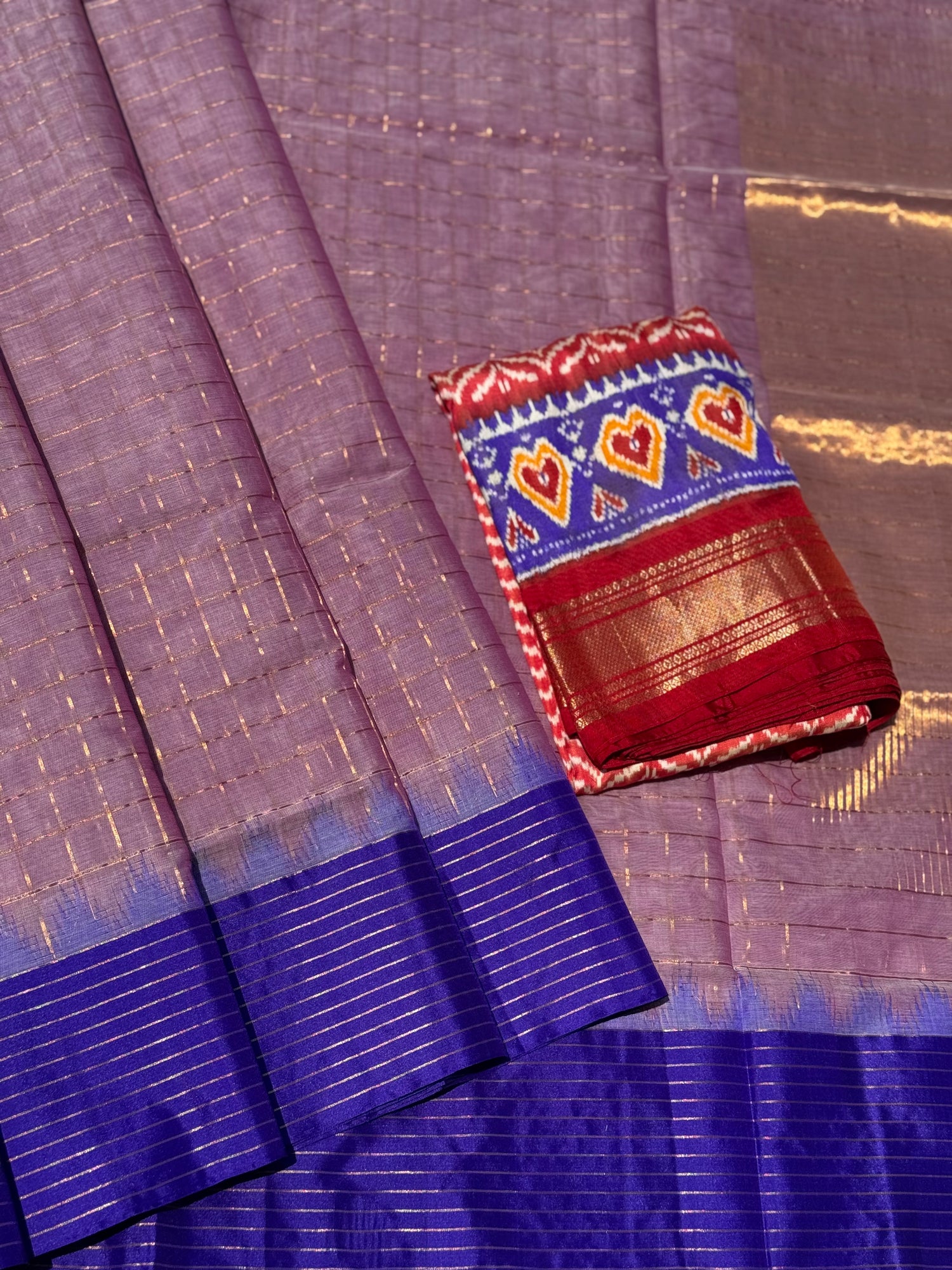 Handspun and handwoven ponduru Khadhi cotton saree with zari checks