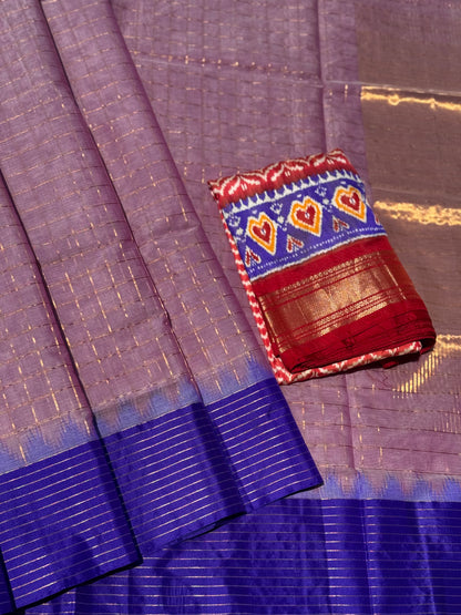Handspun and handwoven ponduru Khadhi cotton saree with zari checks