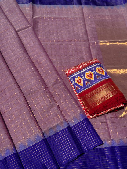 Handspun and handwoven ponduru Khadhi cotton saree with zari checks
