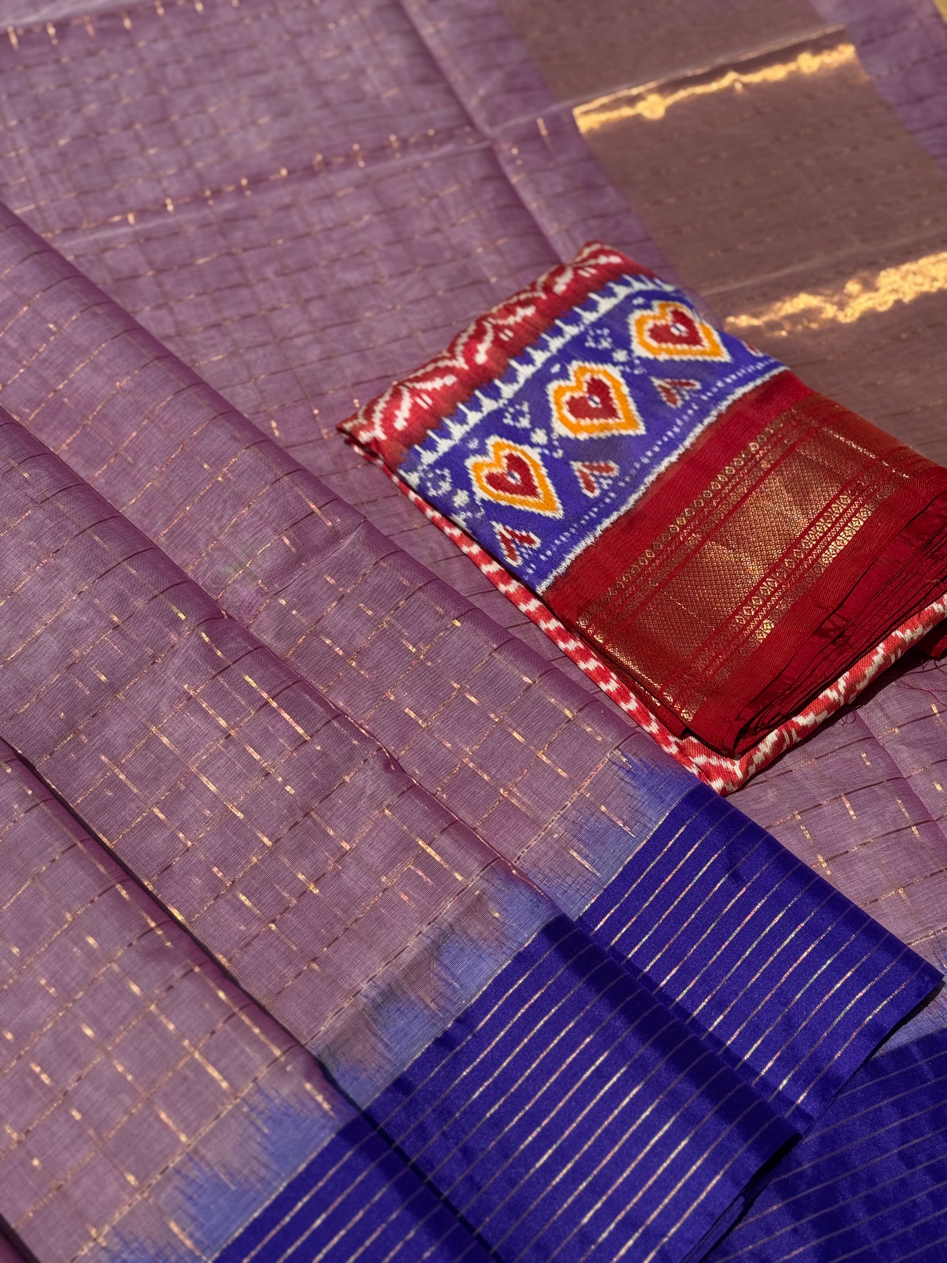 Handspun and handwoven ponduru Khadhi cotton saree with zari checks