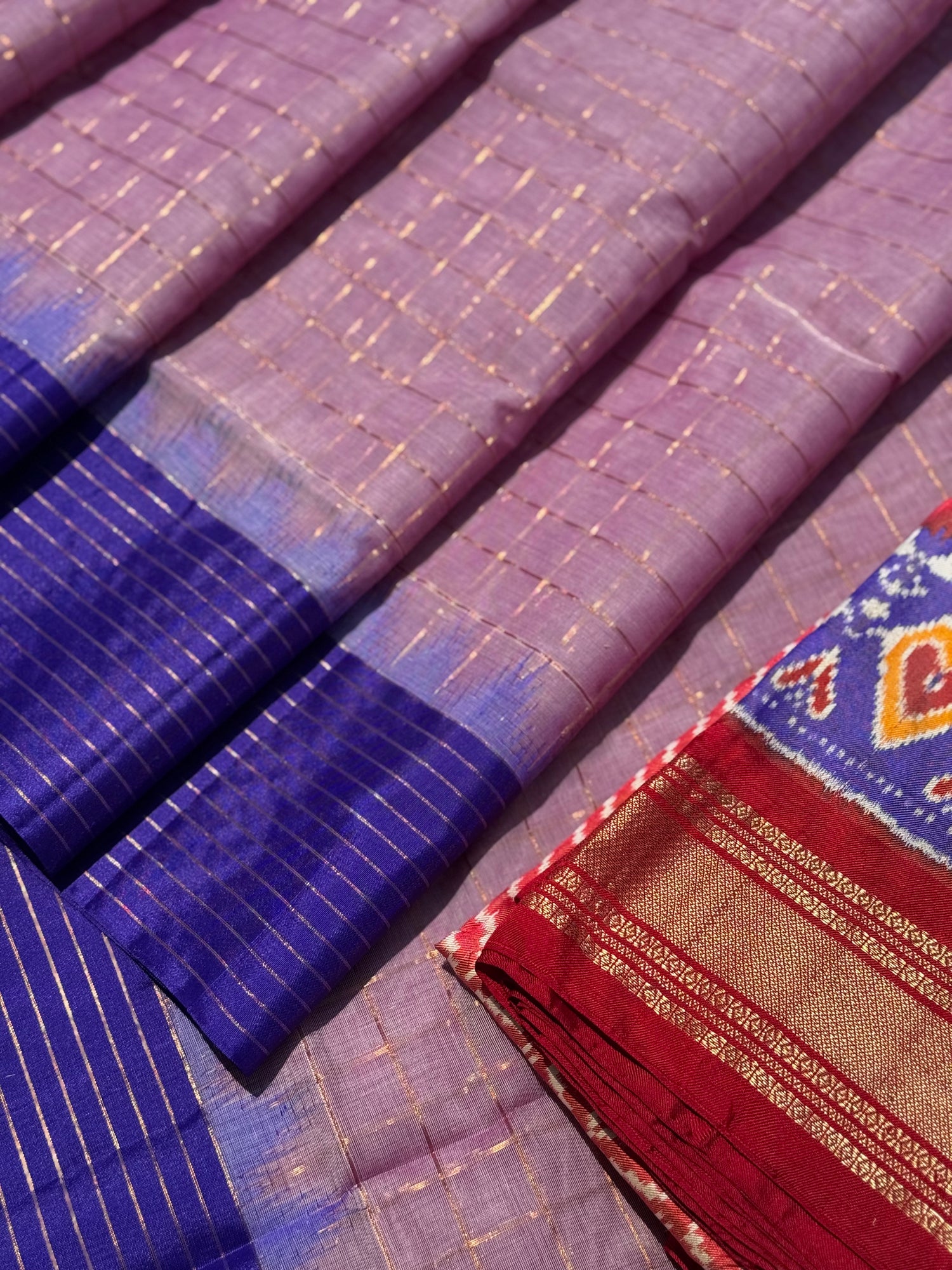 Handspun and handwoven ponduru Khadhi cotton saree with zari checks