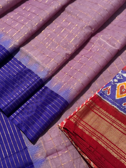 Handspun and handwoven ponduru Khadhi cotton saree with zari checks