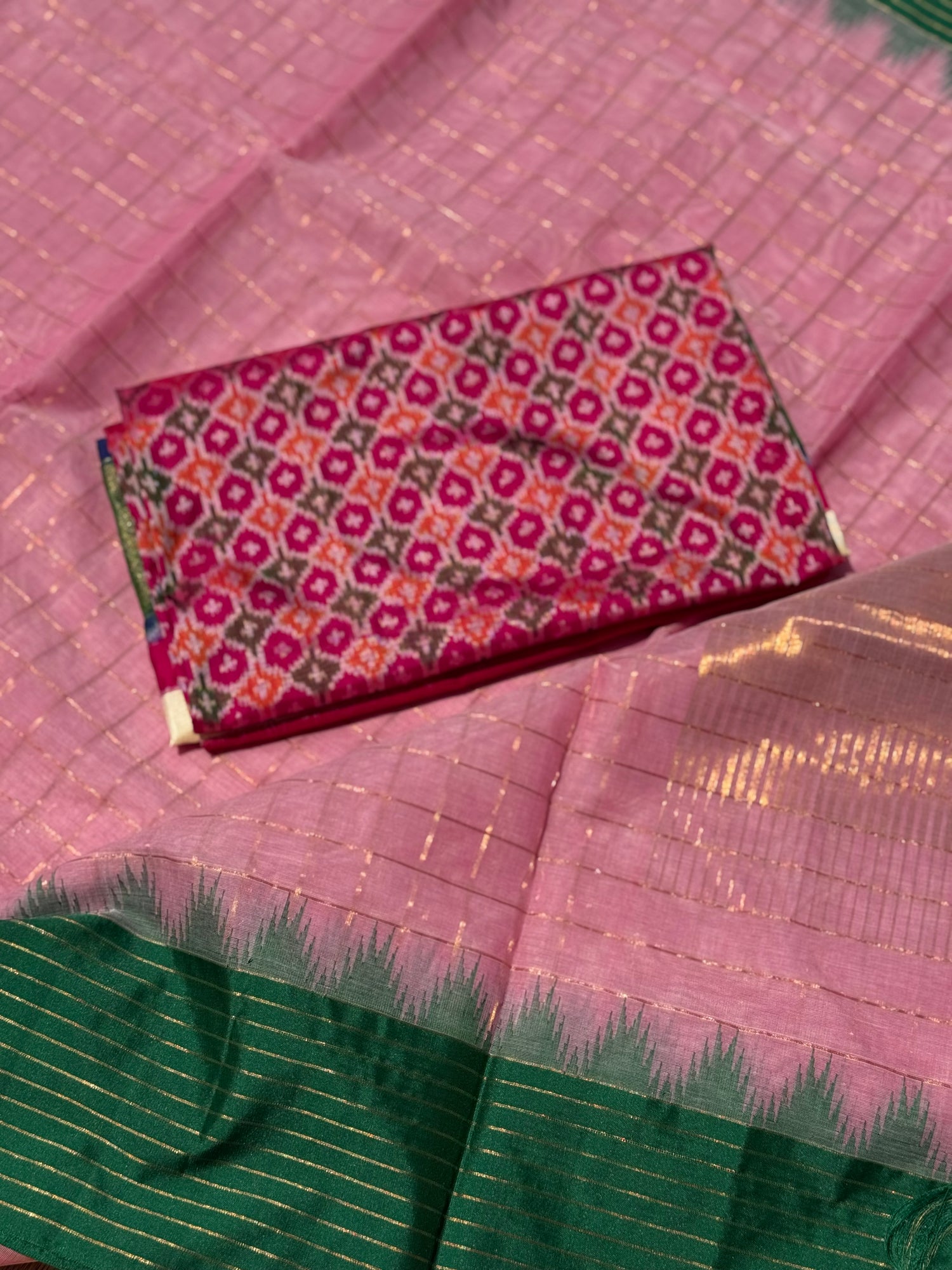 Handspun and handwoven ponduru Khadhi cotton saree with zari checks