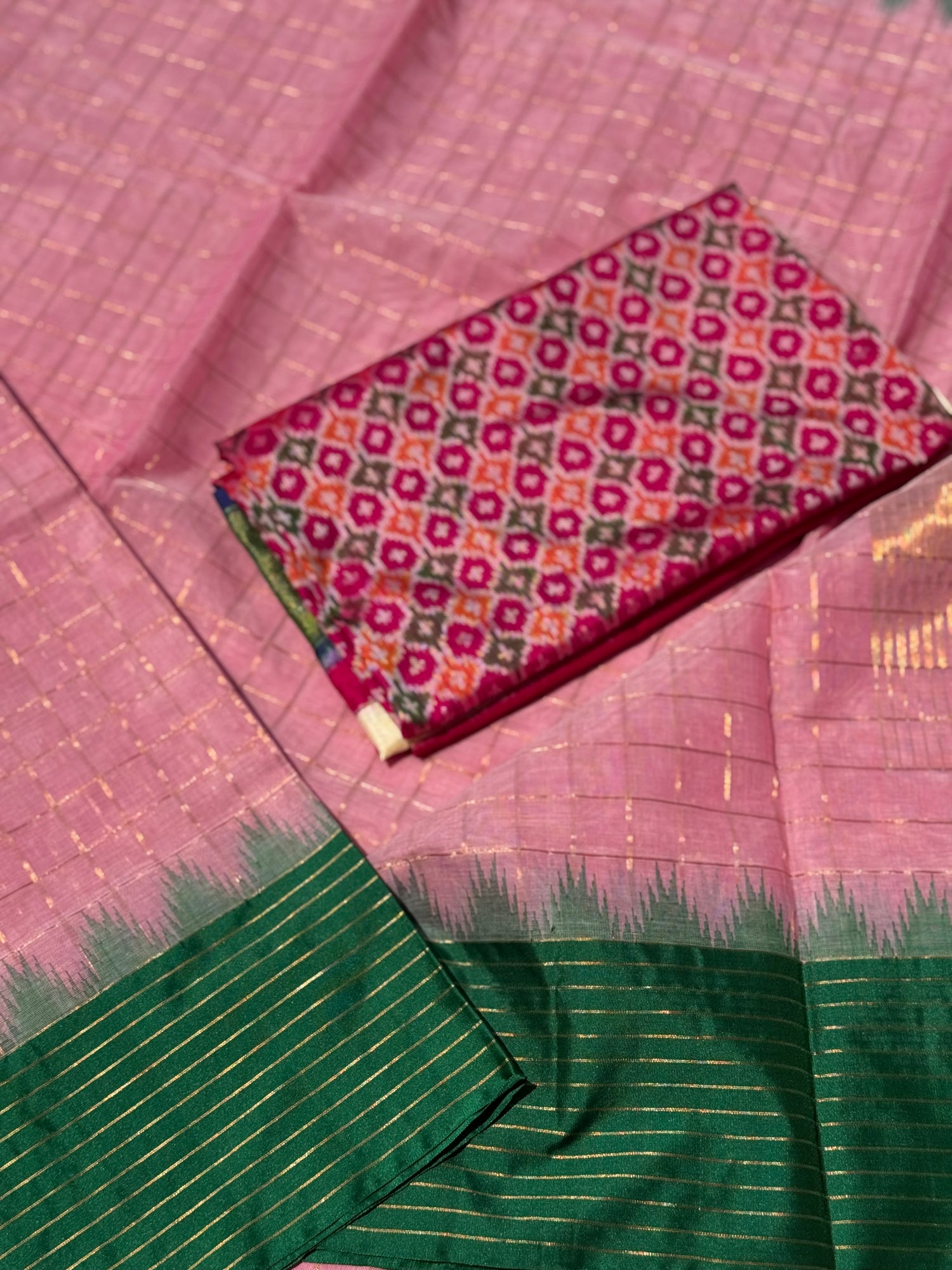 Handspun and handwoven ponduru Khadhi cotton saree with zari checks