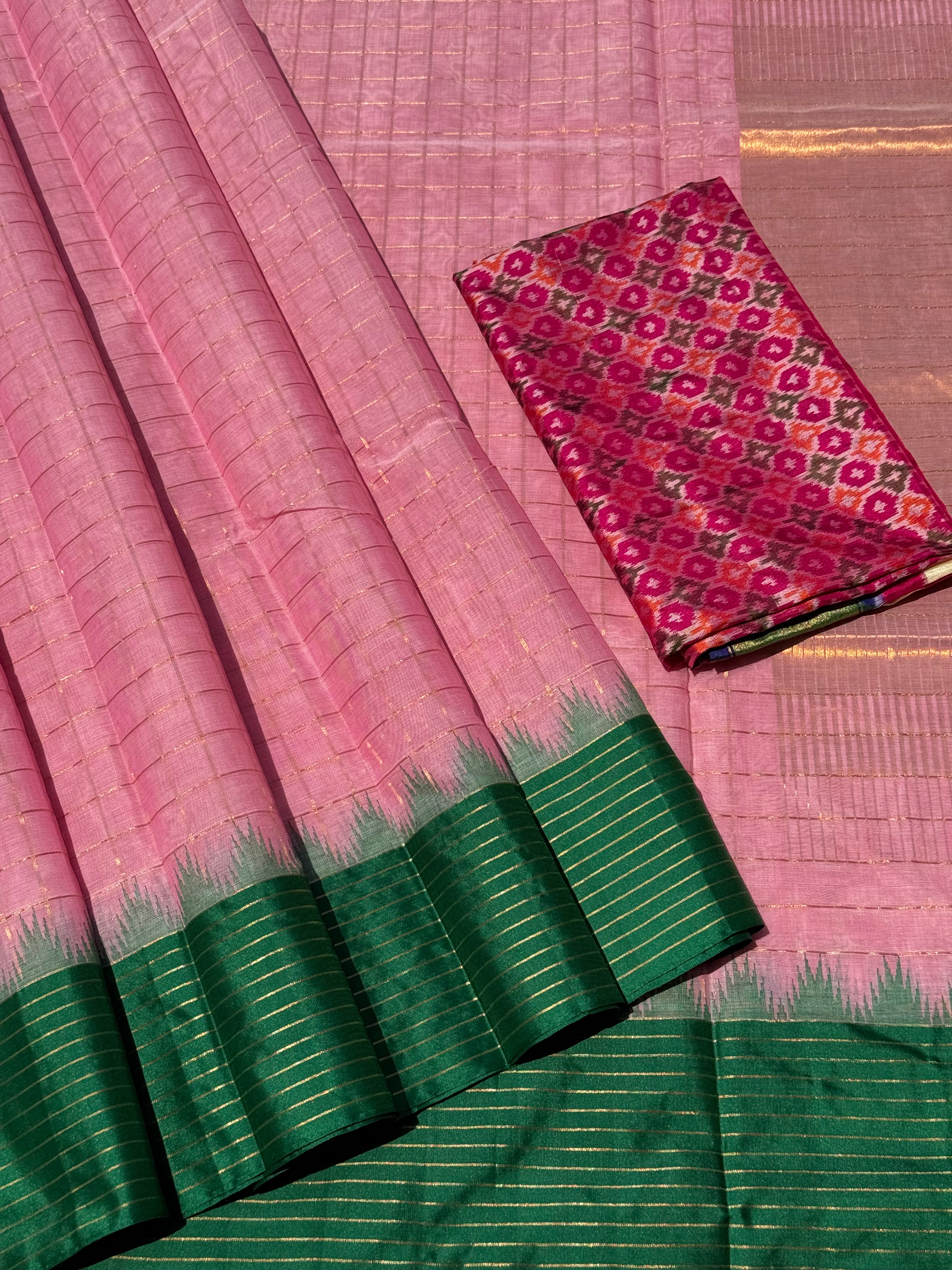 Handspun and handwoven ponduru Khadhi cotton saree with zari checks