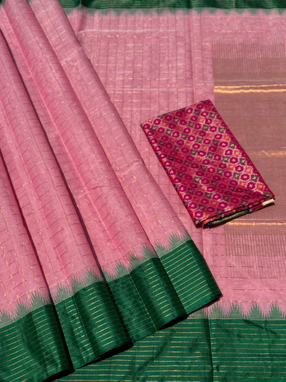 Handspun and handwoven ponduru Khadhi cotton saree with zari checks