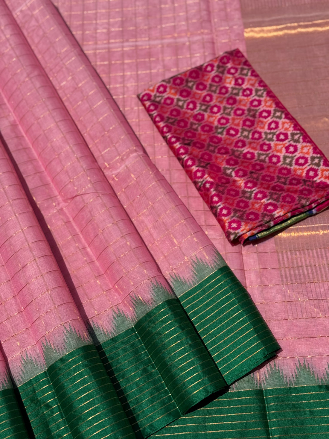 Handspun and handwoven ponduru Khadhi cotton saree with zari checks