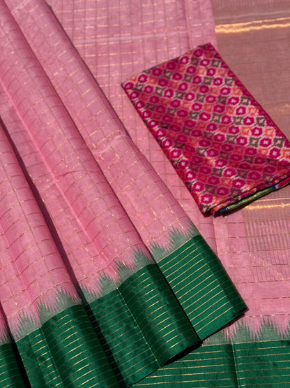 Handspun and handwoven ponduru Khadhi cotton saree with zari checks