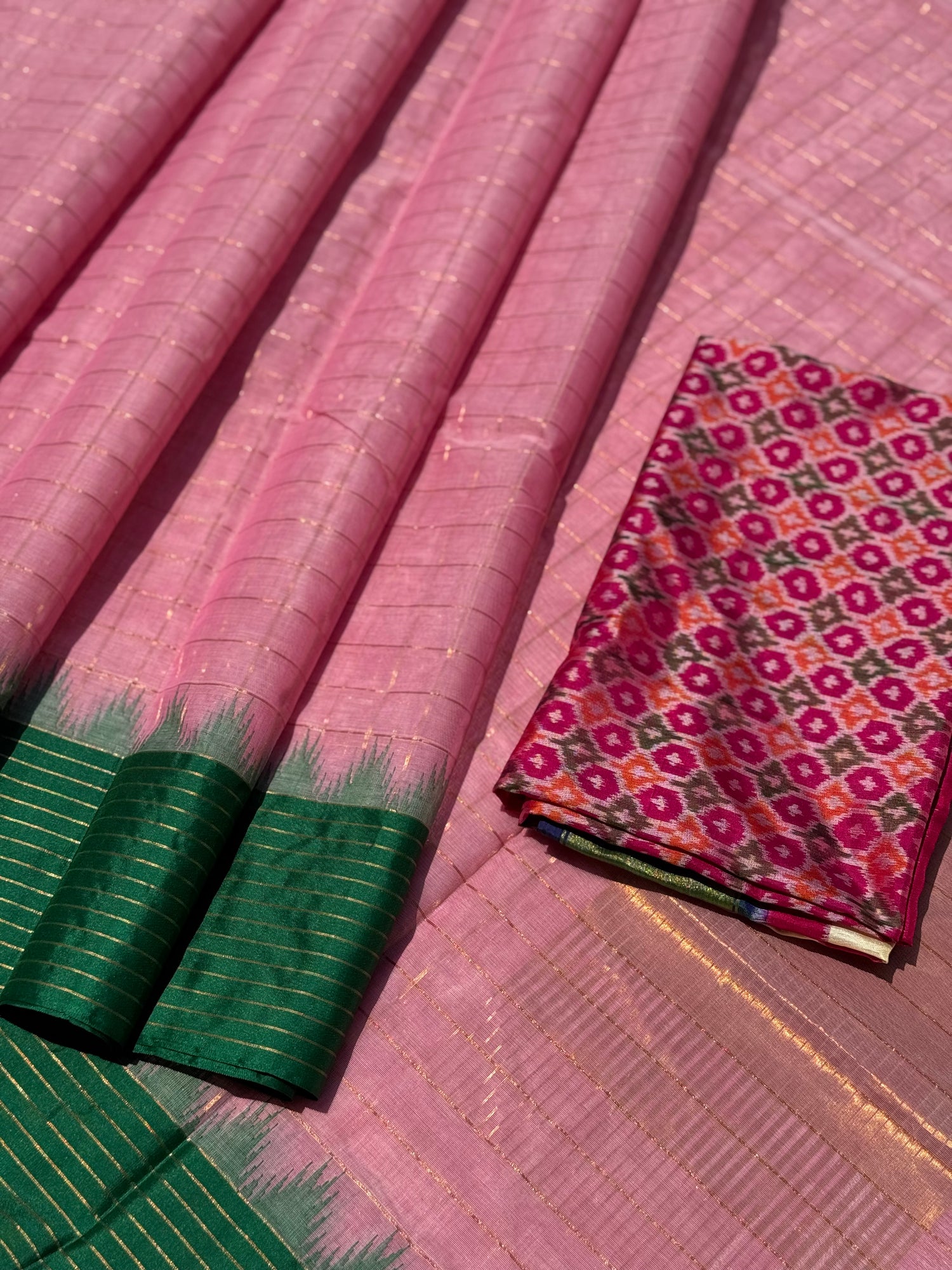 Handspun and handwoven ponduru Khadhi cotton saree with zari checks